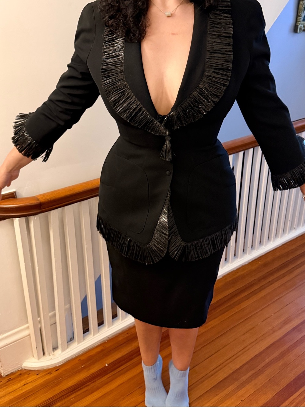 Thierry Mugler Black Fringe-Trim Blazer Jacket